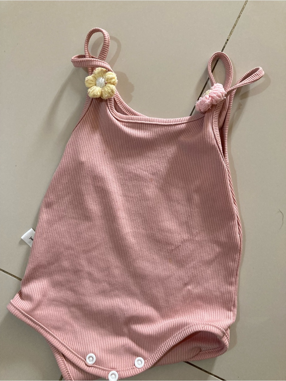 Pink Ribbed Baby Romper with Flower Straps
